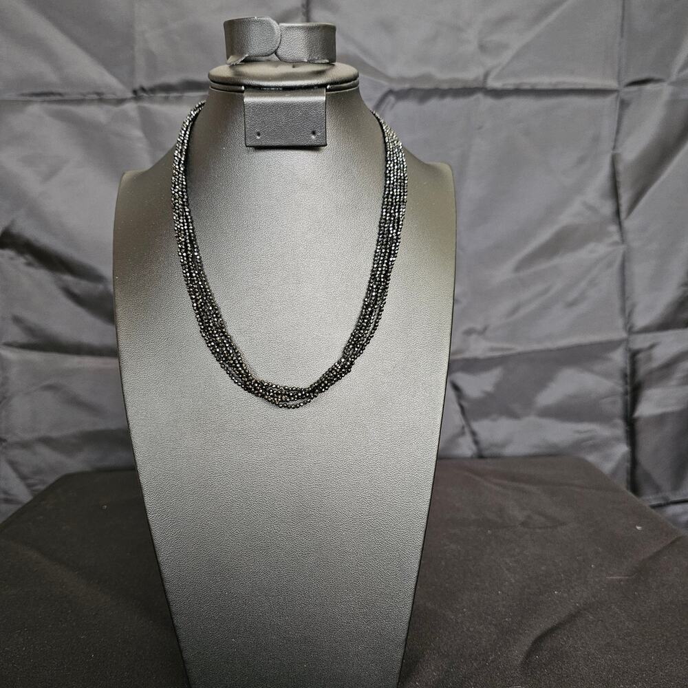 JTV 90 CTW Black Spinel Multi Strand Bead Necklace Rhodium Sterling Silver 18